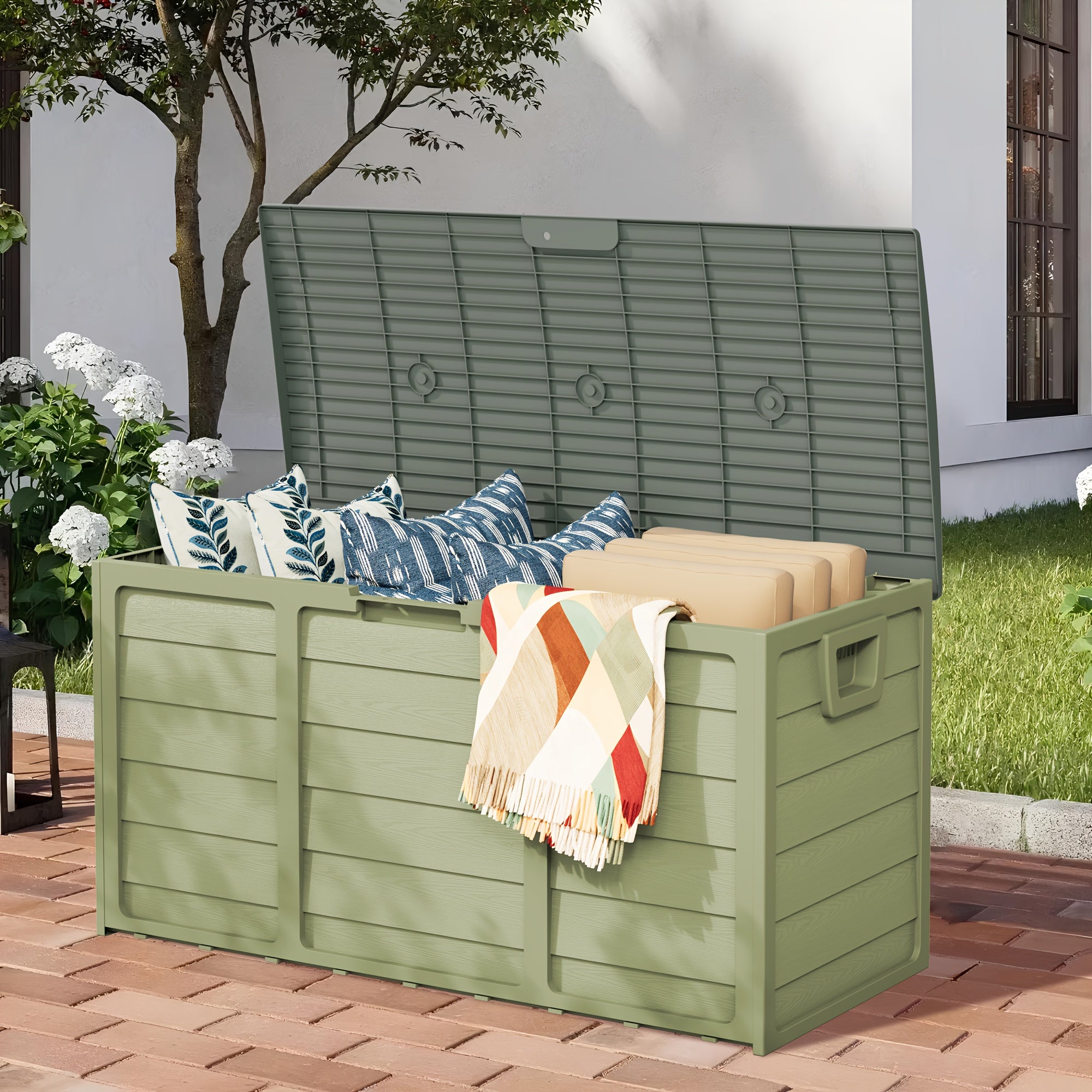 75 Gallon Resin Outdoor Storage Box with Handles, Deck Box with Handles for Pool Accessories, Garden Tools, Camping Gear, Holiday Gift, Easy to Assemble, Box,Cabinet,Rack for Outdoor Storage