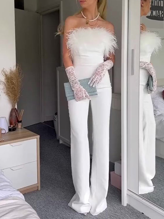 Elegant White Off-Shoulder Feather Jumpsuit