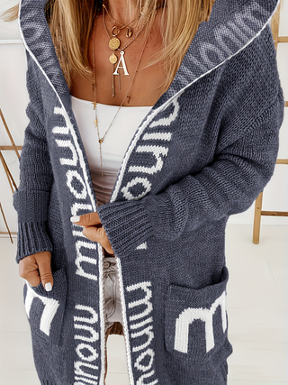 Women Loose Mid-length Hooded Knit Cardigan, Contrast Letter Jacquard Pockets Lazy Style Thick Sweater Coat for Fall Winter