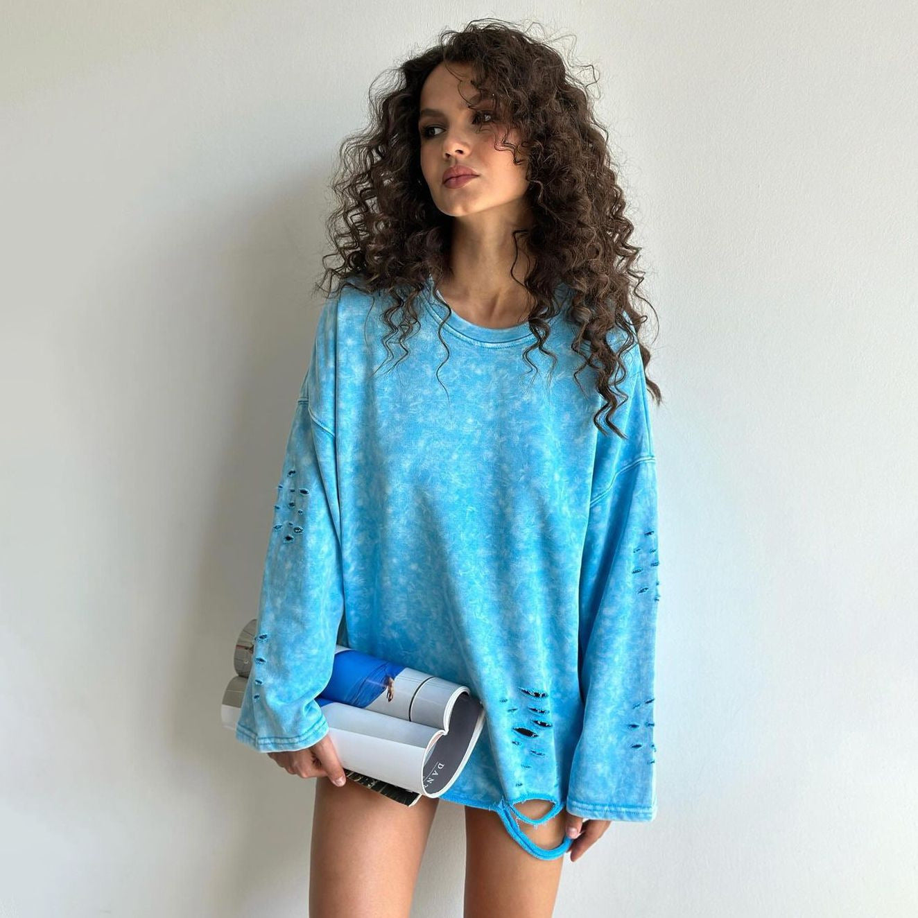 Women's Distressed Crew Neck Knit Sweater
