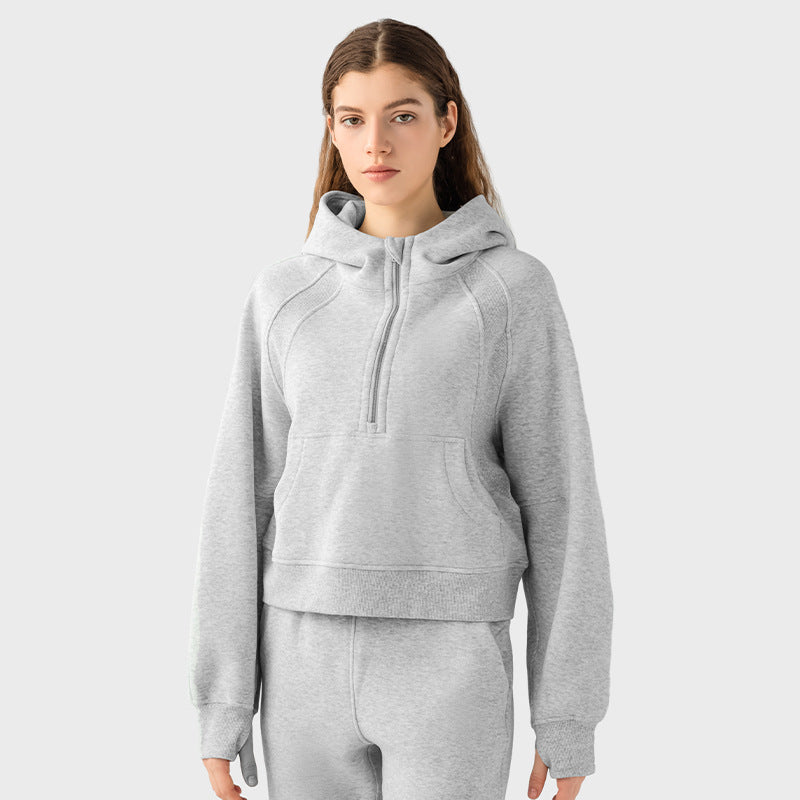Autumn And Winter Hoodie Half Zipper Sweater Women's Short Casual Loose All-Match Sports Top