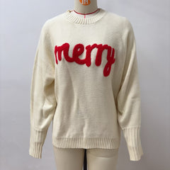 Round Neck Pullover Letter Loose Christmas Sweater, Comfortable Pullover Knit Sweater