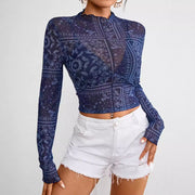 Blue Mesh Geometric Long-Sleeve Top – Slim Fit, Elegant Style