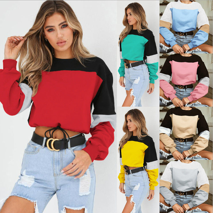 Cozy Patchwork Round Neck Lace-Up Sweater