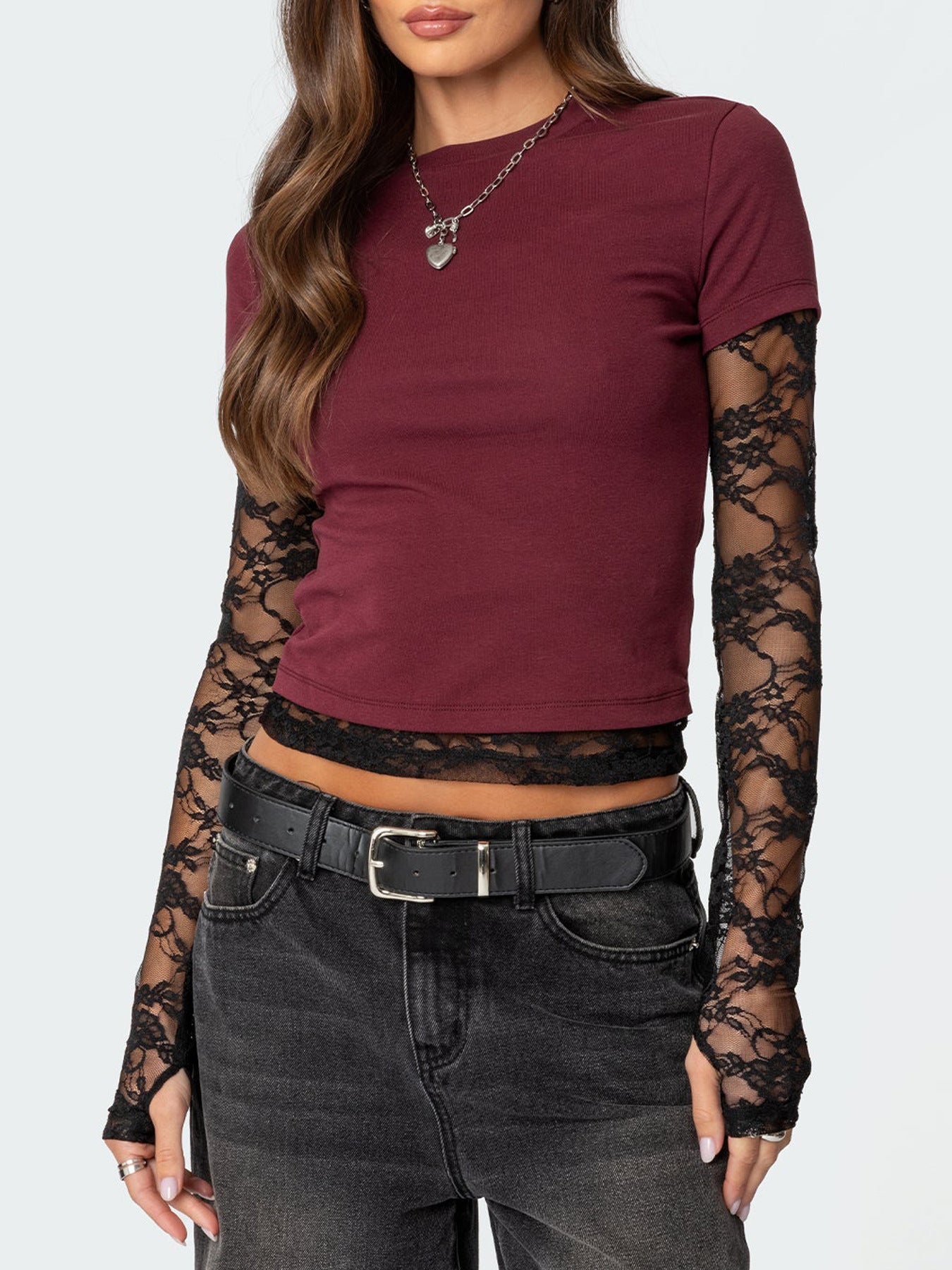 Sexy Women's Fake Two-piece Long Sleeve Crew Neck T-shirt