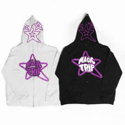 Chic Black & White Printed Loose Hooded Sweatshirt