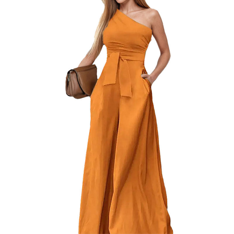 Solid Color Straight-leg Pants Strapless Lace-up Jumpsuit For Women