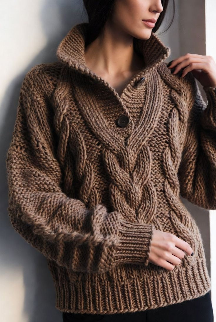 Maillard Vintage Chunky Cable Knit Jumper, Half Placket Thick Relaxed Fall Winter Knit Top