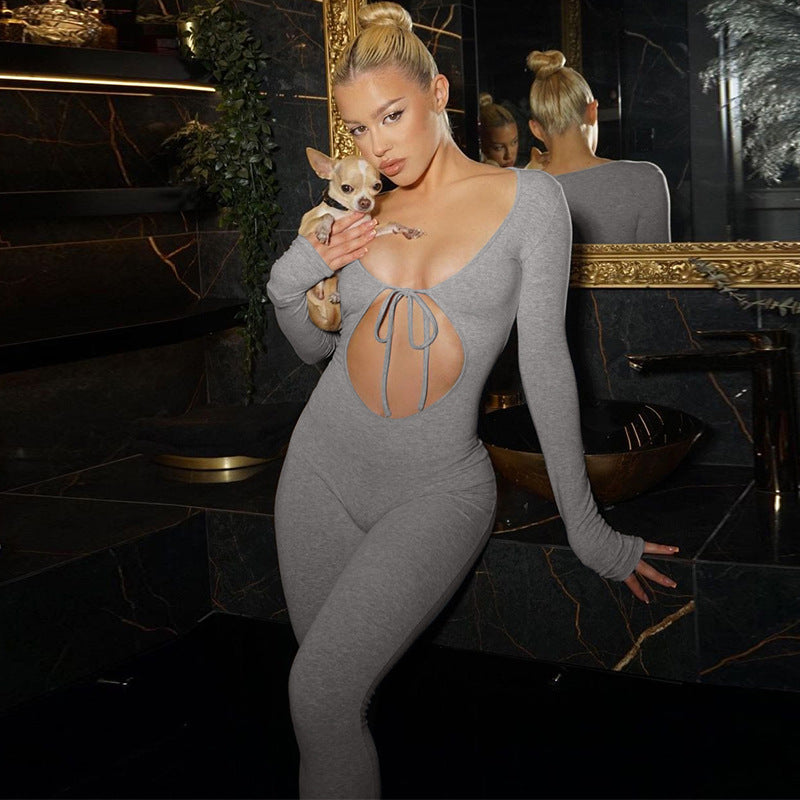 Slim-Fit Long Sleeve Chest Hollow Jumpsuit