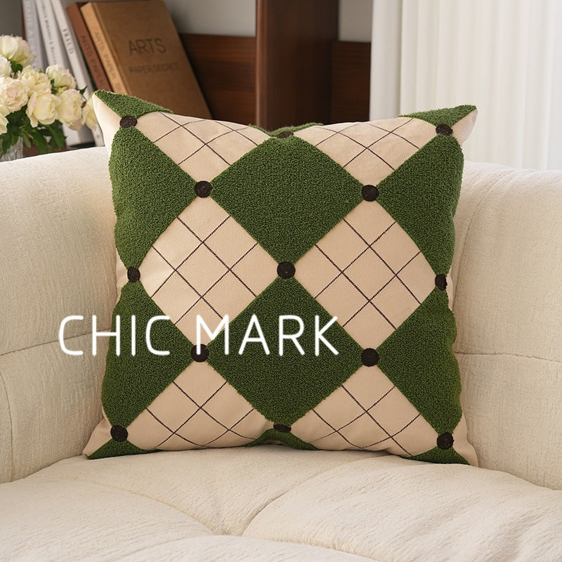 Geometric Embroidered Throw Pillow Cover - Green Sofa Accent