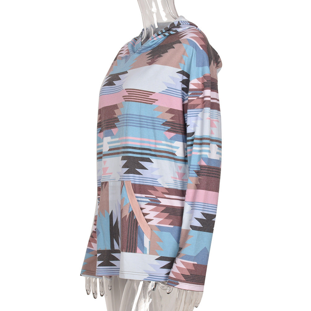 Loose Contrast Pocket Pattern V-neck Hooded Sweater In Spring