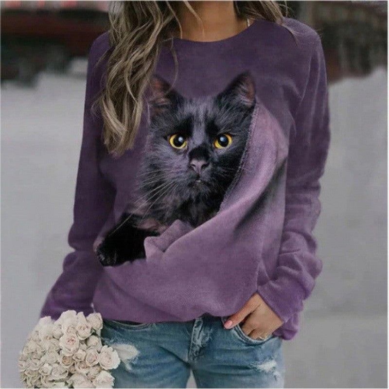 Cute 3D Cat Print Round Neck Casual Women's Sweater