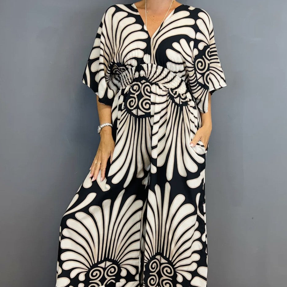 Plus Size V-Neck Printed High-Waist Jumpsuit