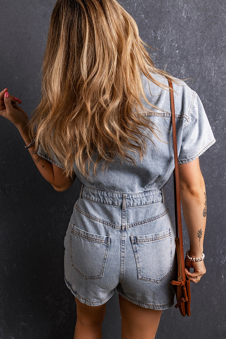 Retro Washed Denim Short Sleeve Jumpsuit Romper