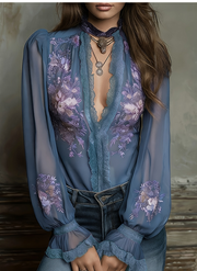 Romantic Haze Blue Lace Embroidered Stand‑Up Collar Top