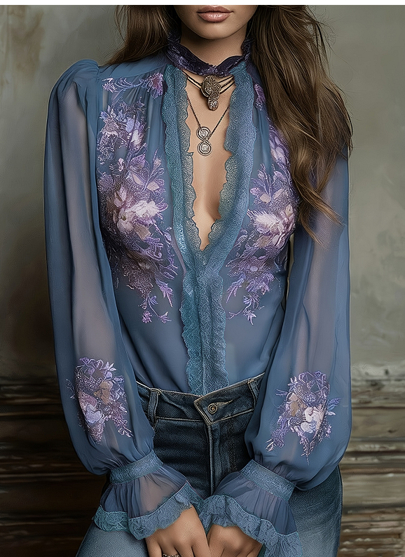 Romantic Haze Blue Lace Embroidered Stand‑Up Collar Top