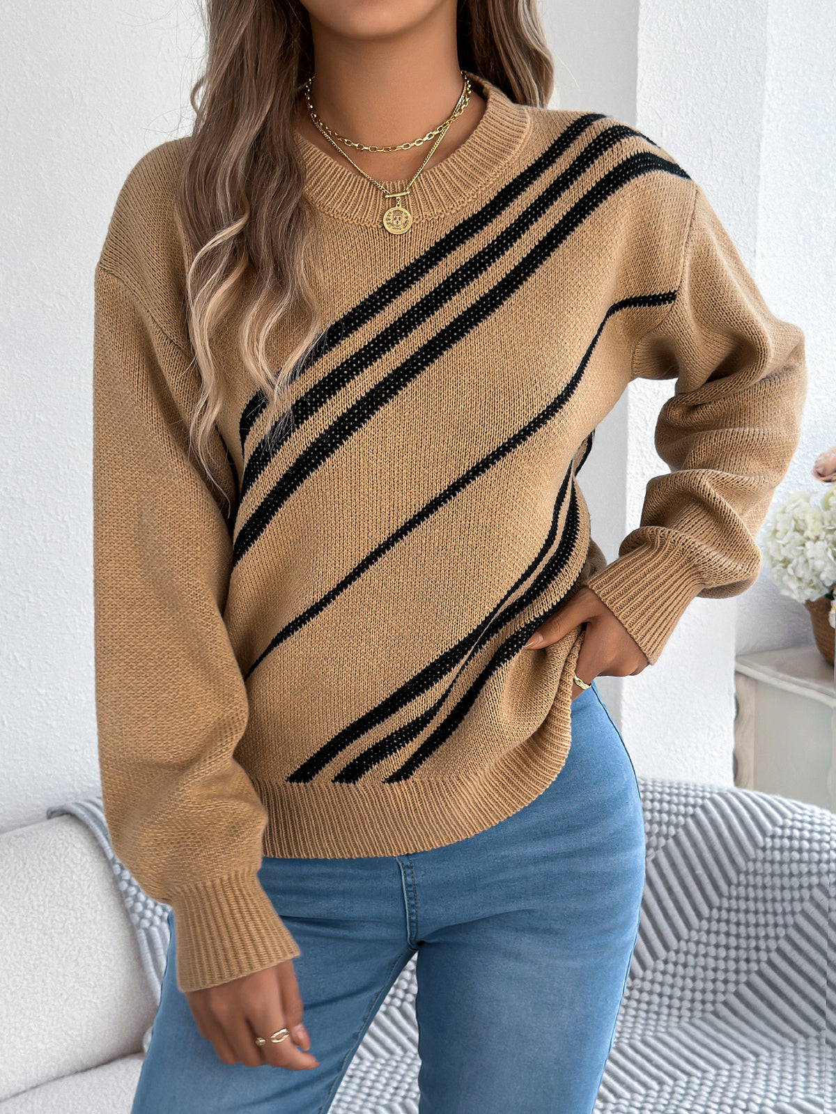 Women Casual Striped Round Neck Lantern Sleeve Long Sleeve Pullover Sweater