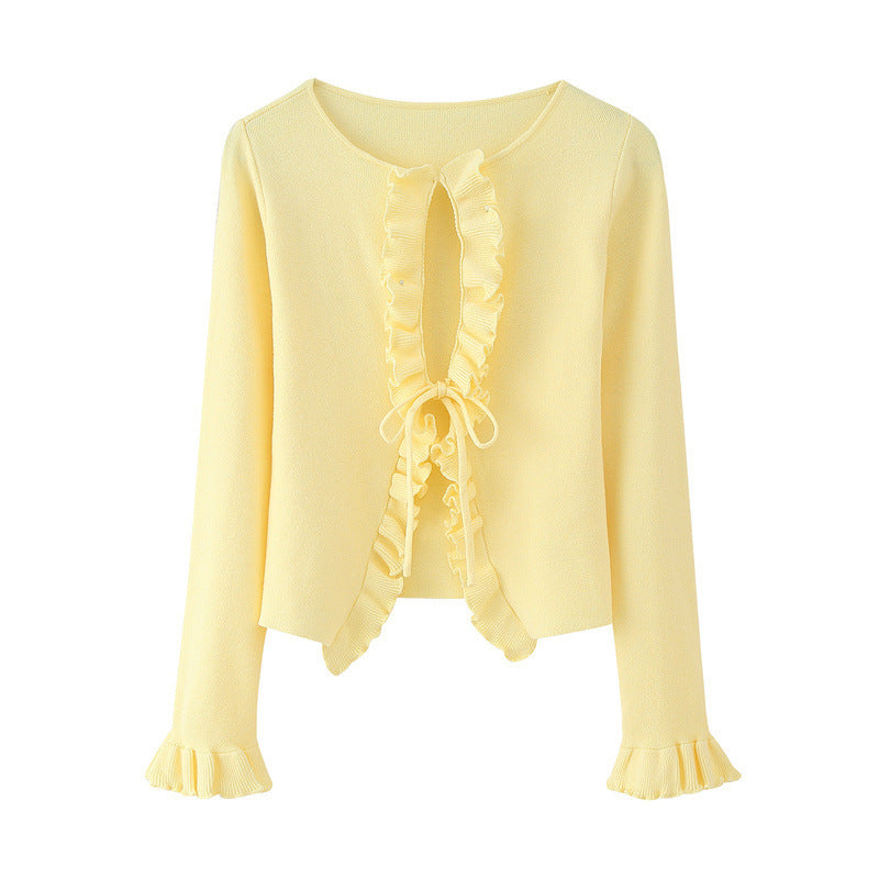 Spring and Autumn Solid Color Two-color Lace Stitching Long Sleeve Tied Knitted Cardigan