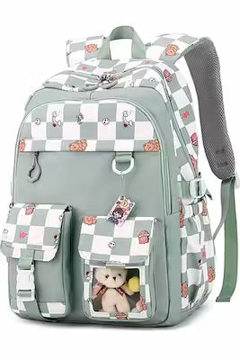 Checked pattern school backpack with accessories kit