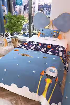 Kids cloud and space shuttle duvet cover set polycotton 160x220 cm with pillowcase