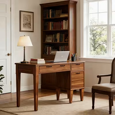 Brown Wood Grain Computer Desk with Drawers and File Cabinet