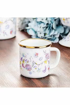 Vintage enamel floral mug, heat-retaining 350ml capacity