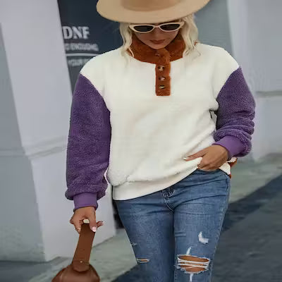 Cozy Colorblock Long Sleeve Plush Pullover Sweater