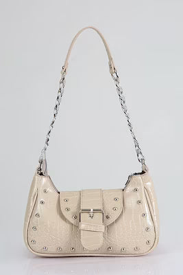 Black crocodile-patterned mink handbag with metallic staples