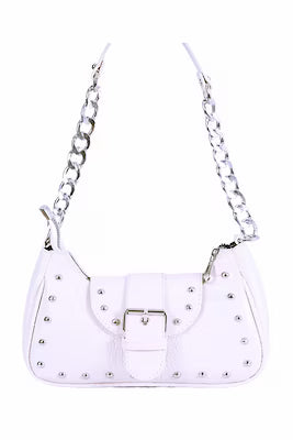 White crocodile-patterned handle bag with metallic staples and dust bag