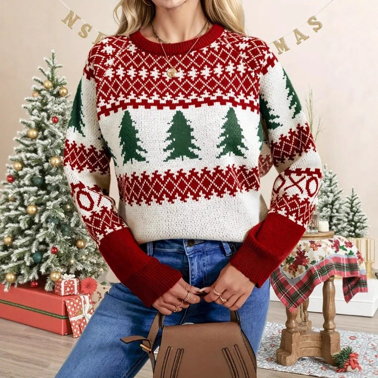 Christmas Tree with Rhombus Round Neck Long Sleeve Knitted Sweater
