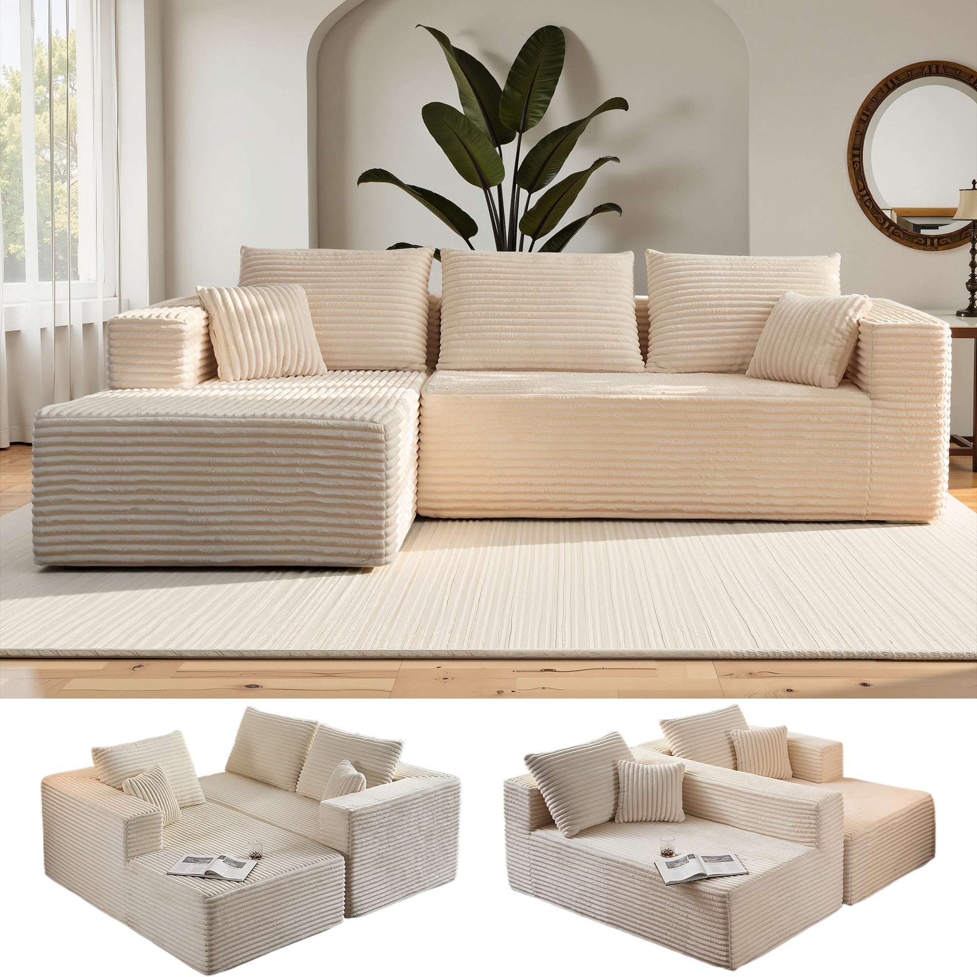 Modular L-shaped chaise longue sofa bed with deep seat and corduroy upholstery