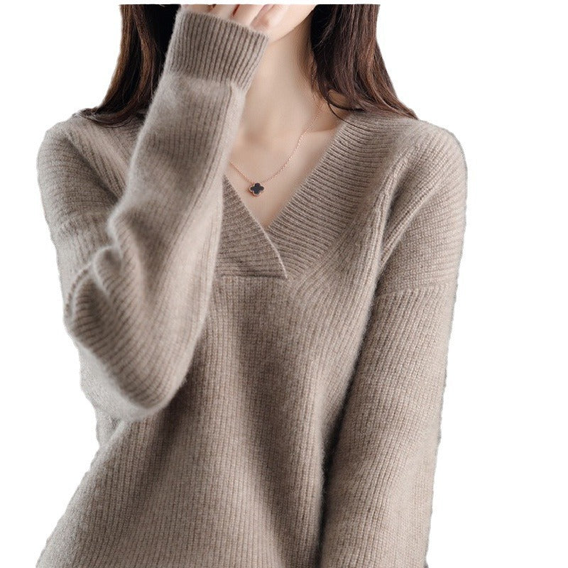 Women's Loose Solid Color and V-neck Pullover Thick Sweater