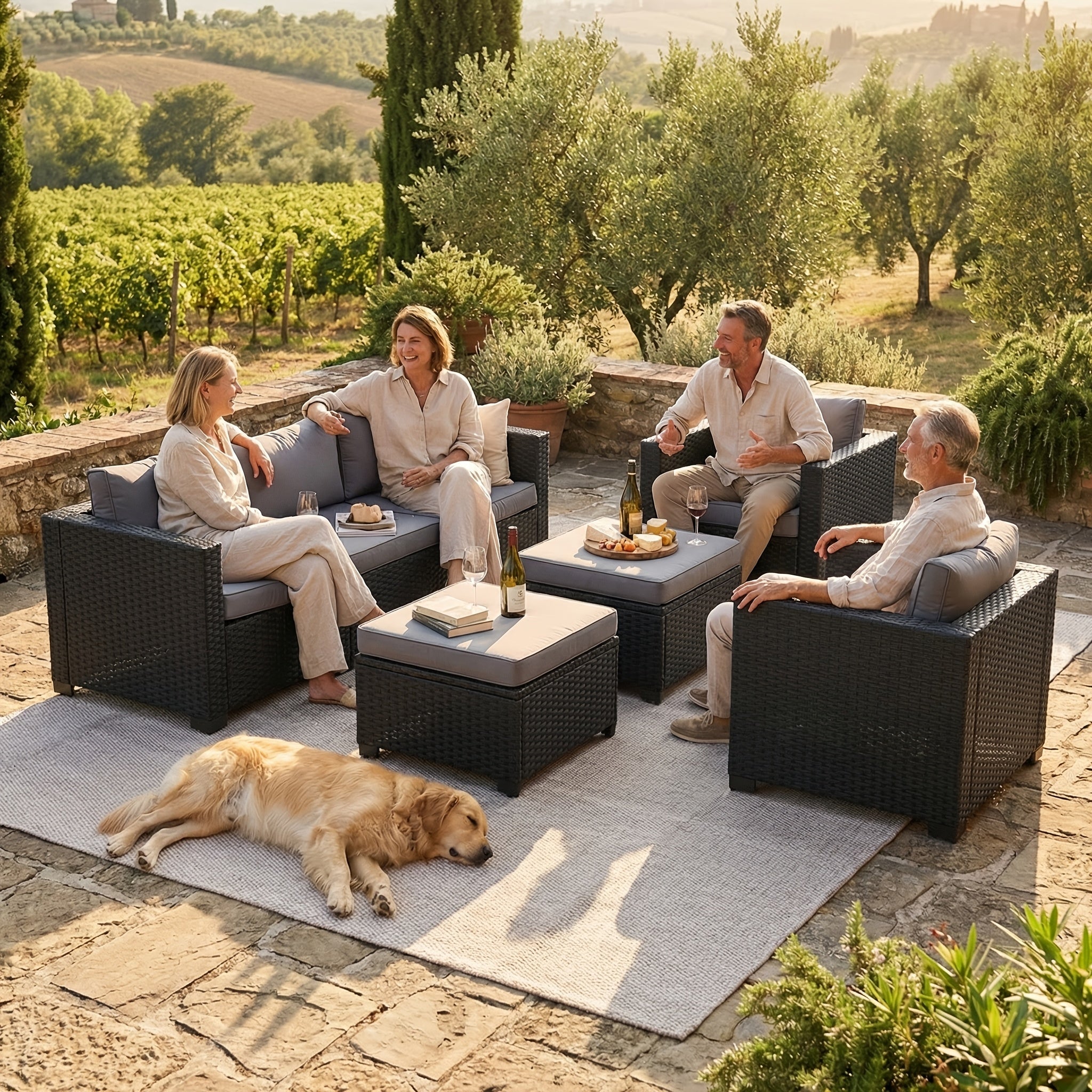 5pcs/7-Seat Bistro Sofa Set, Modern Resort Style Patio Conversation Sofa Set, 2 Single Sofas And 2 Ottomans And 1 3-Seat Sofa with Waterproof Cover And Thick Cushions, Modular Seating Set for Garden, Backyard, Terrace, And Poolside
