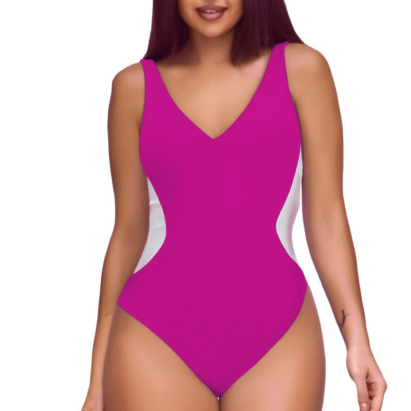 Women's One-piece Deep V Contrast Color Swimsuit