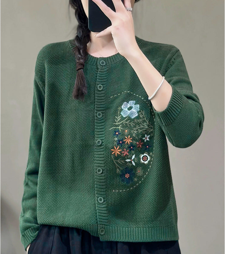 Chinese-style Corn-stitch Cotton Knit Cardigan Sweater for Women