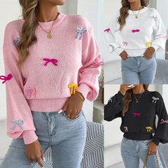 Fashionable Colorful Bow-knot Lantern-sleeve Waist-cinching Sweater