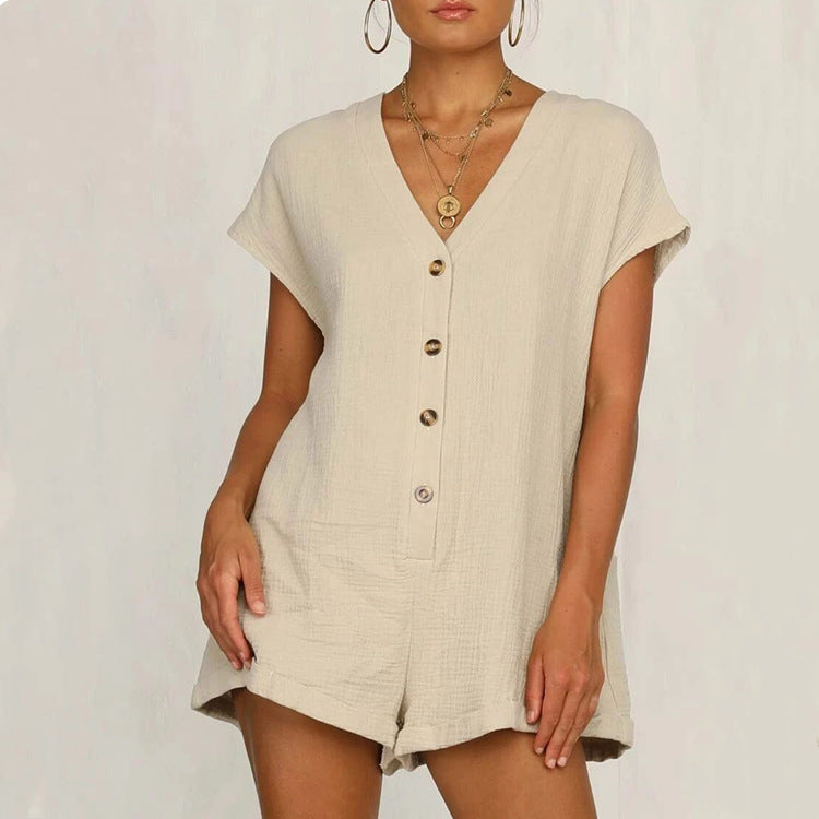 Chic V-Neck Button Short Sleeve Romper