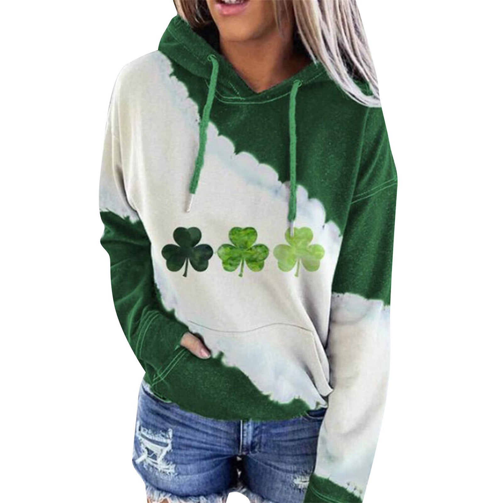 Lucky Clover Print Casual Loose Hooded Sweatshirt