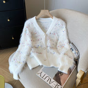Mink-velvet Knitted Sweater Coat for Women Autumnwinter White with Tassels