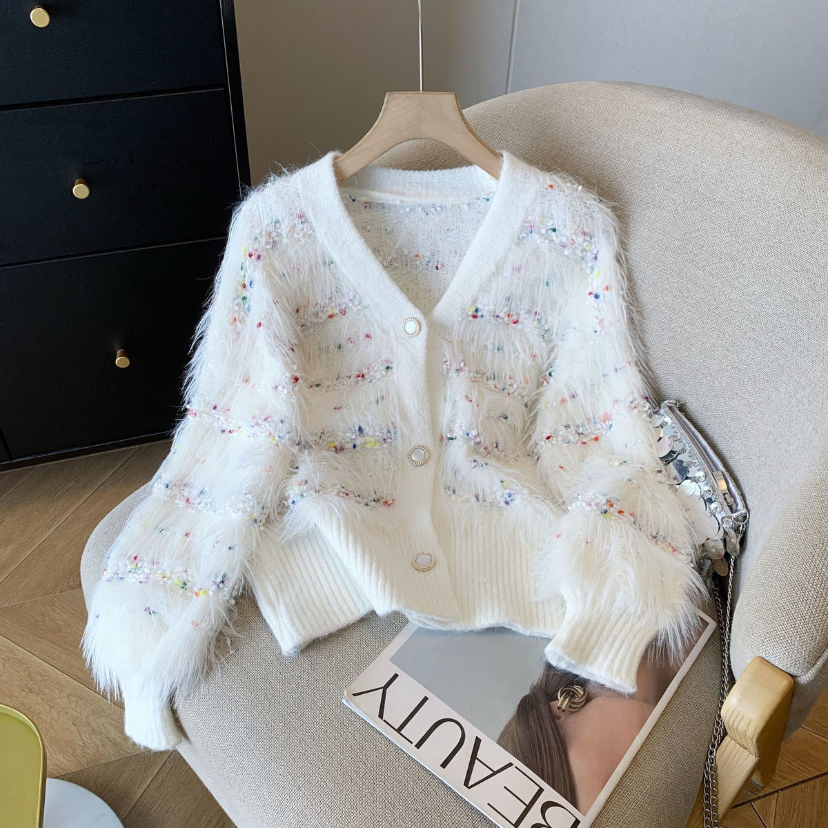 Mink-velvet Knitted Sweater Coat for Women Autumnwinter White with Tassels