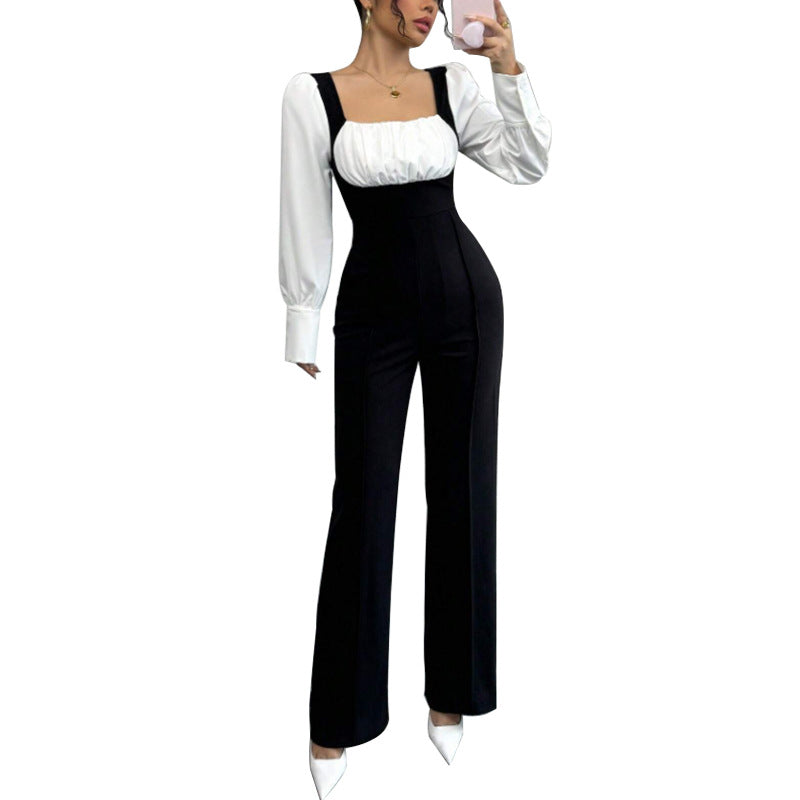 Chic Color-Block Long-Sleeve Straight-Leg Jumpsuit