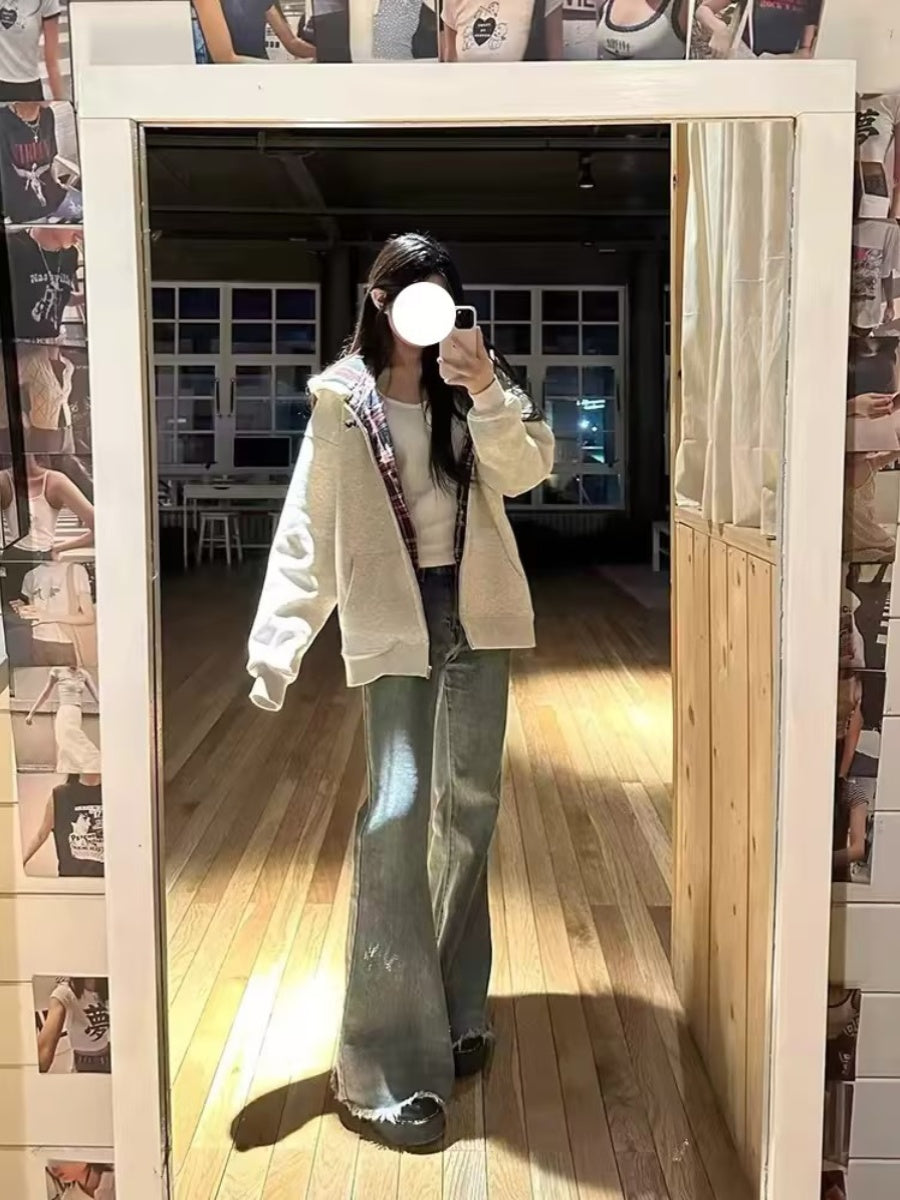 Women's Fleece-Lined Retro Plaid Hooded Cardigan