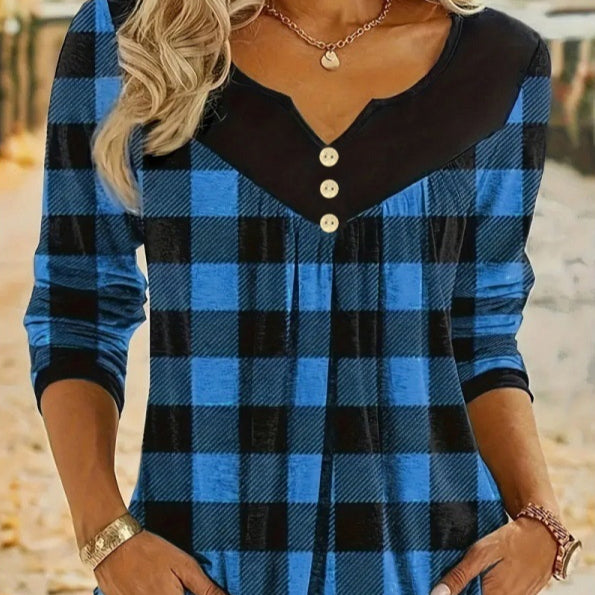 Plaid Printed Long‑Sleeve Top – Casual & Trendy