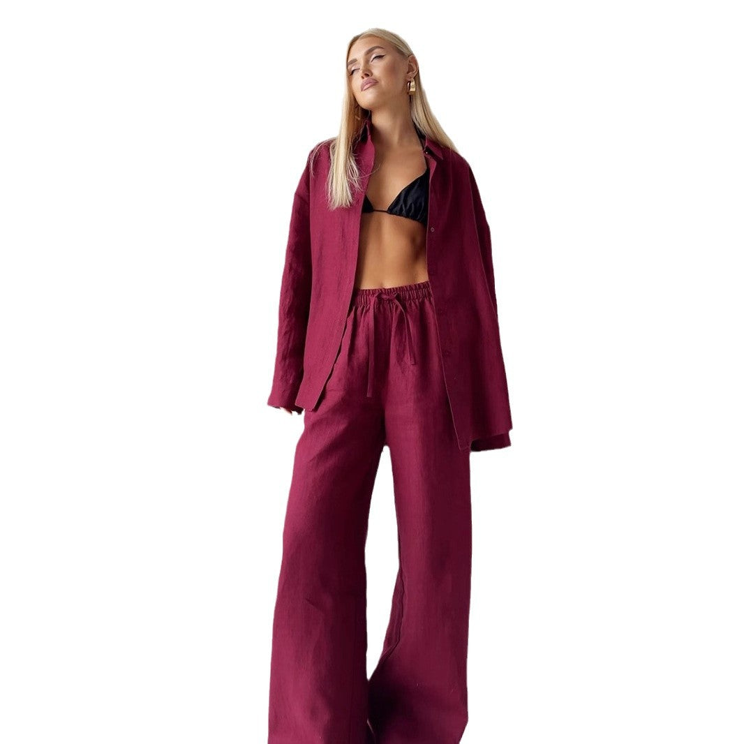 Cotton Shirt Trousers Suit Loose Long Sleeve