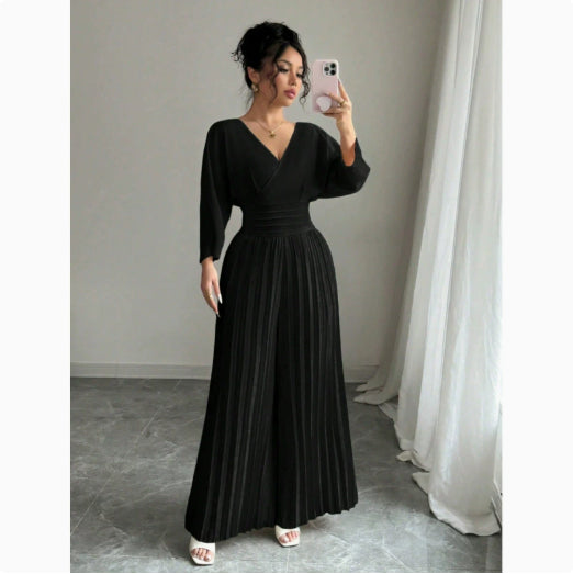 Elegant V-Neck High-Waist Pleated Jumpsuit