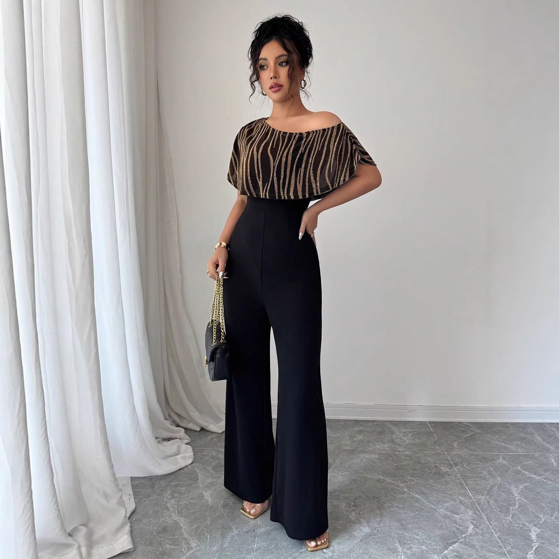 Elegant Geometric Print Slant Neck Ruffle Sleeve Jumpsuit