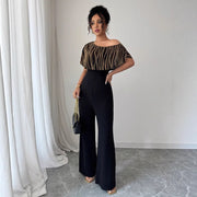 Elegant Geometric Print Slant Neck Ruffle Sleeve Jumpsuit