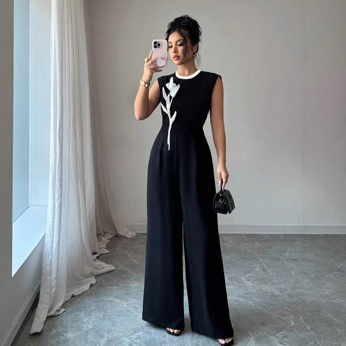 Elegant Embroidered Black Sleeveless Wide-Leg Jumpsuit
