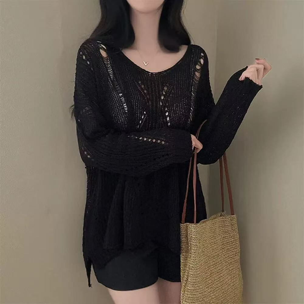 Hollow-out Ice Silk Thin Long Sleeve Mid-length V-neck Sweater