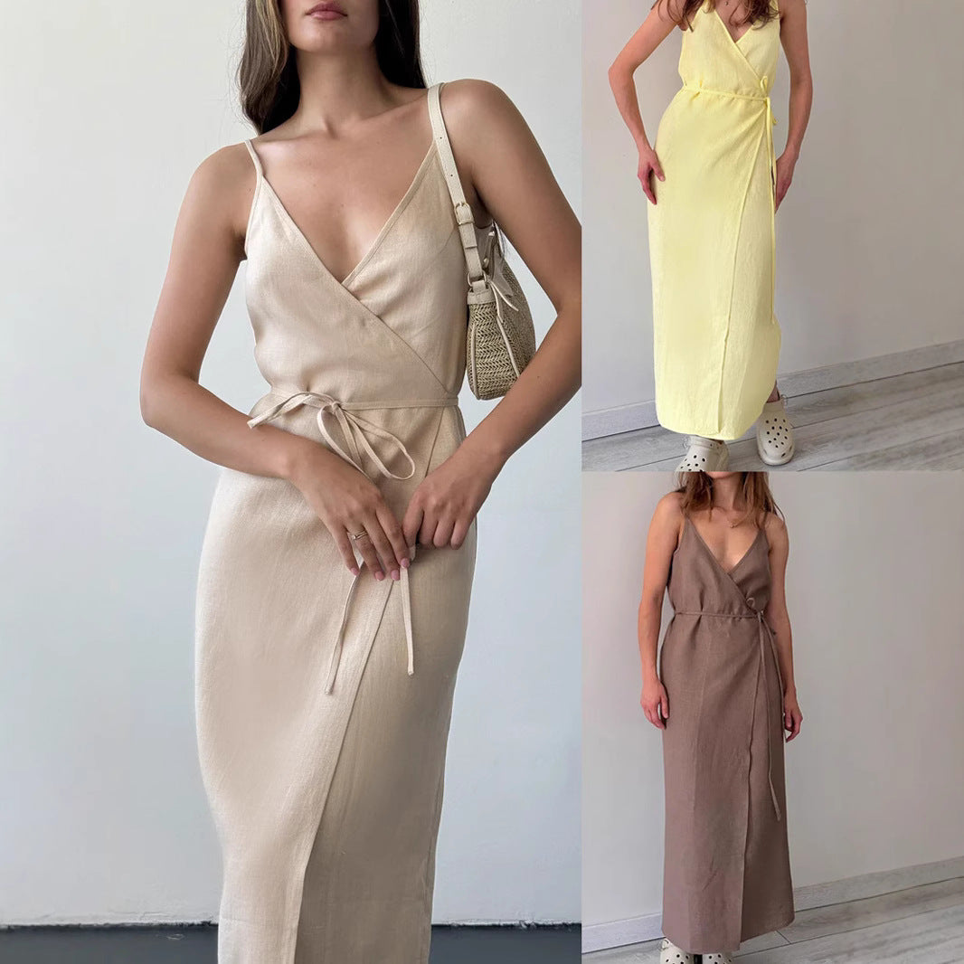 Womens Fashionable Loose-fitting Slit Dress with Tie-up Straps